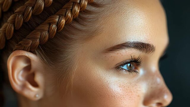 Young girl showcasing elegant thin plaited hair in minimalist modern aesthetic portrait