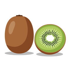 Obraz premium Vector illustration of a fresh whole kiwi and a sliced half, showing the green pulp and seeds, isolated on a white background