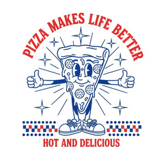 A cheerful retro cartoon pizza slice mascot with a smiling face giving a thumbs up. Vintage style food character illustration for a pizzeria