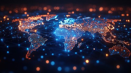Glowing world map with connected dots and network lines