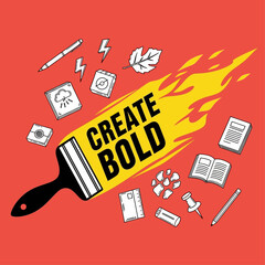 An inspirational illustration representing the concept of bold creation, featuring a fiery paintbrush surrounded by creative doodle icons