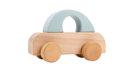 Minimalist natural wood baby toy car with light blue handle for developmental play isolated PNG with Transparent Background