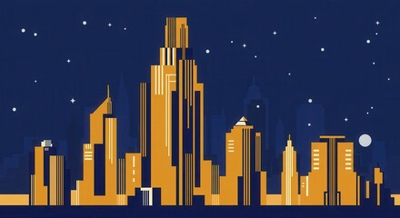 Fototapeta premium Illuminated cityscape at night with a dark blue sky full of stars.