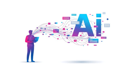 AI powering connection and communication, visualizing the future of technology with vibrant messaging icons and a human figure in a digital network on isolated white background.