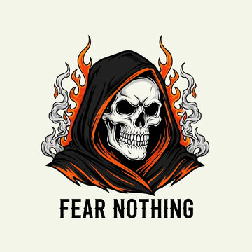 Edgy vector illustration of a flaming skull in a dark hood. Grim Reaper mascot with the motivational slogan Fear Nothing