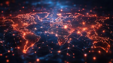 Glowing world map with connections and bright dots overlay