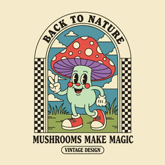A whimsical walking mushroom mascot giving a peace sign. Cheerful retro 70s style character design for a magical nature concept