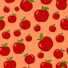 Seamless repeating pattern of fresh red cartoon apples with green leaves on an orange background. Healthy food vector illustration