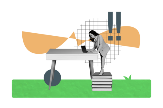 Composite photo collage of serious old woman stand book stack surf laptop exclamation mark alert freelancer isolated on painted background