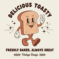 A happy walking slice of toast character in a vintage 1930s cartoon style. A funky retro bakery mascot giving a peace sign gesture