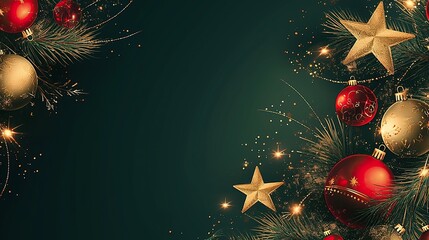 Christmas-themed background, adorned with golden stars, green and red decorations, an ideal vector template for greeting cards, posters, or banners, also suitable for New Year illustrations.