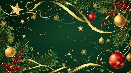 Christmas-themed background, adorned with golden stars, green and red decorations, an ideal vector template for greeting cards, posters, or banners, also suitable for New Year illustrations.