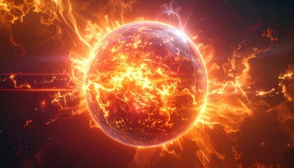 Obraz premium Orange flames explode brightly from the solar energy of a red star in the cosmos