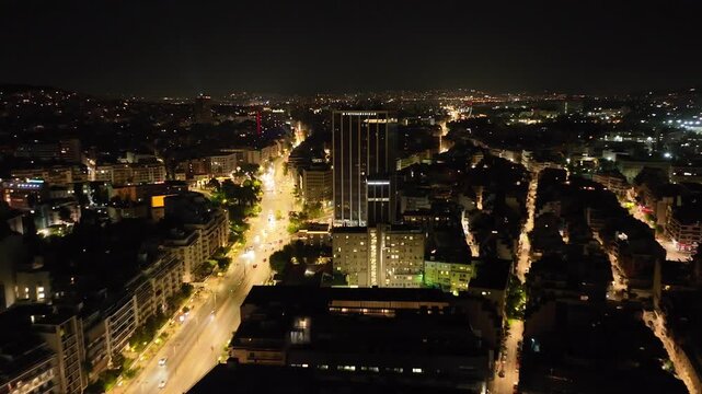 Aerial drone cinematic video of famous Tower of Athens skyscraper, tallest building in Athens as of 2025, measuring 103 meters in height, Attica, Greece
