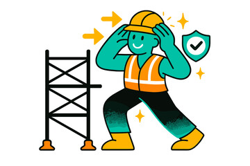 Naklejka premium Safety First_ Helmet Check. Construction site safety. A glowing character securing a safety helmet while
