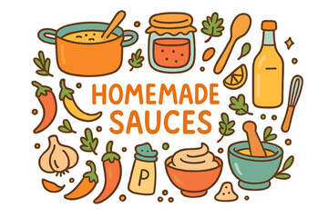 Colorful Homemade Sauces. Homemade Sauces. Hand-drawn doodle illustration of Homemade Sauces. saucepan, jar,