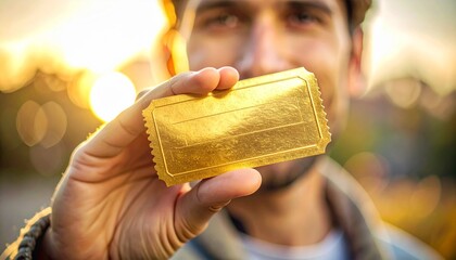Golden Ticket Opportunity A Man Holds a Prize Ticket in a Field
