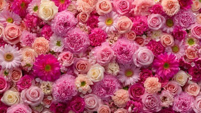 華やかな花の背景の動画 | バラとカーネーション メイン 【ピンク】
