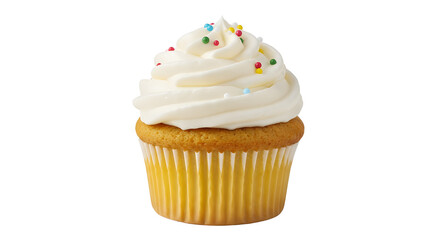 Delicious single vanilla cupcake topped with white buttercream frosting and colorful sprinkles isolated PNG with Transparent Background