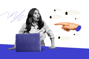 Composite trend artwork image photo collage of eye watch see peek hacker cyberspace aged woman office manager work laptop omg face