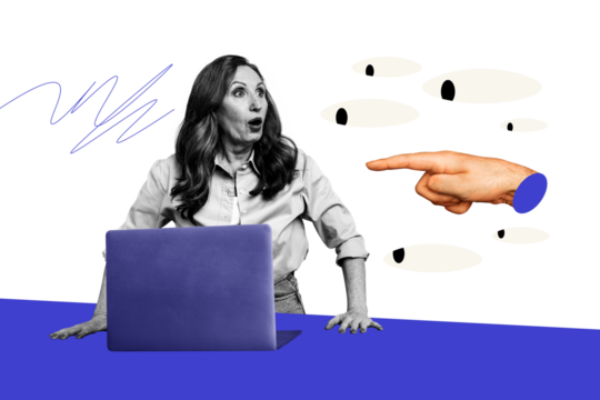 Composite trend artwork image photo collage of eye watch see peek hacker cyberspace aged woman office manager work laptop omg face