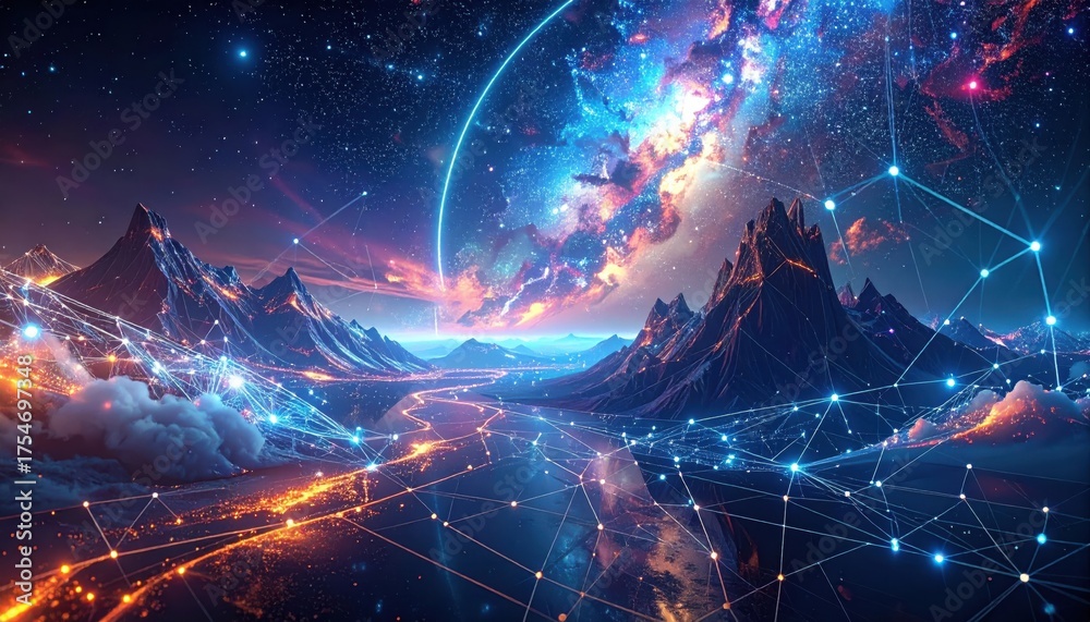 Wall mural digital data traffic patterns of a city at night with light motion trails on the highway