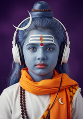 Bal Shiva child wearing headphones with ash blue skin, tripuṇḍra, red bindi, saffron scarf, white tee, and crescent pin against a deep violet background