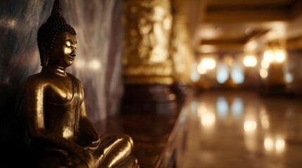 Fototapeta premium A serene golden Buddha statue sits in meditation within a softly lit ornate temple interior
