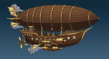 Naklejka premium Detailed illustration of a vintage wooden airship with brass accents flying.