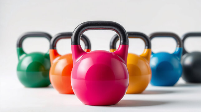 Colorful kettlebells for fitness training on white background