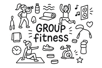 Group Fitness Doodles. Group fitness. Hand-drawn doodle illustration of Group fitness. People exercising,
