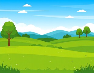 Fototapeta premium Cartoon scenic landscape of green rolling hills with trees, grass, and blue sky