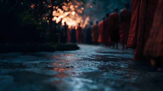 A group of monks in saffron robes walks in a procession on a wet path during a sacred ritual at dawn - Powered by Adobe