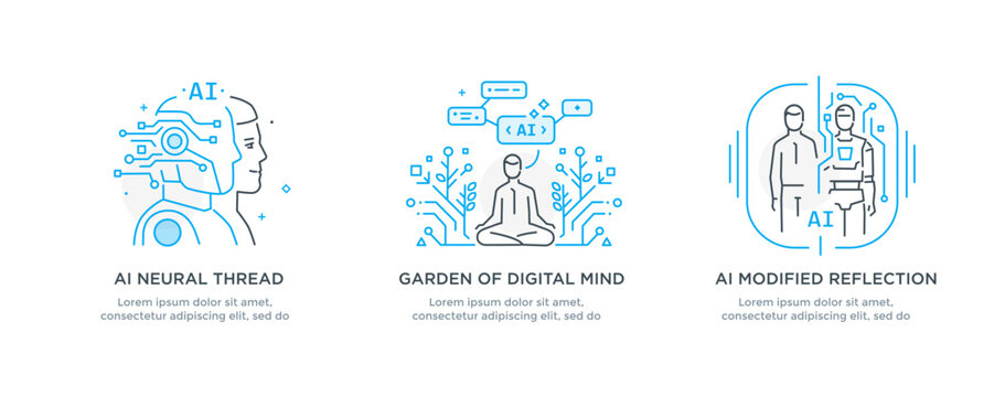 Set of illustrations artificial intelligence helps humans. technology, partnership, artificial intelligence business robot, cybes. linear illustration Icons infographics. Landing page site print