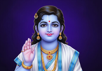 Bal Vishnu child deity with raised hand in blessing gesture, blue skin tone, Vaishnava tilak, gold jewelry, white and blue attire, on deep indigo background with soft diffused lighting