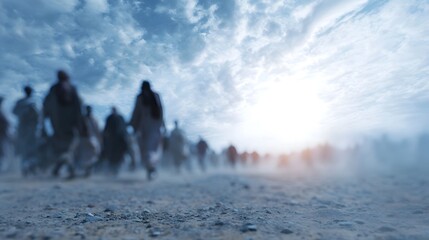 Silhouetted figures embark on a dusty pilgrimage across an arid desert landscape towards the sun