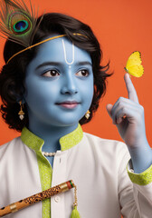 Bal Krishna holding a yellow butterfly on finger, wearing white kurta with green trim and peacock feather headband, flute on chest, orange background