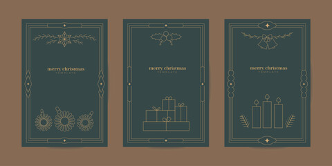 Luxury line Merry Christmas, Happy New year banner, poster, invitation card templates set. Linear holiday festive vector decor with candle, bauble, fir branch, holly on green background