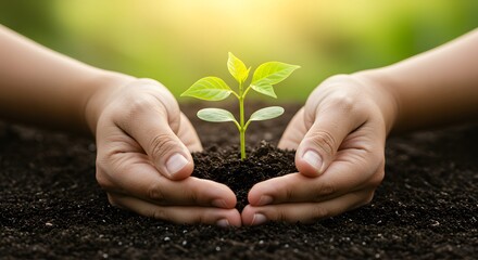 Human hands holding young plant in soil with sunlight — eco awareness, sustainability, and nature conservation theme