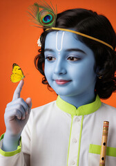 Bal Krishna child holding yellow butterfly on finger, wearing white kurta with green trim and peacock feather headband, flute in pocket, orange background, studio portrait