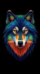 Fototapeta premium Geometric wolf head with vibrant polygonal art and yellow eyes.