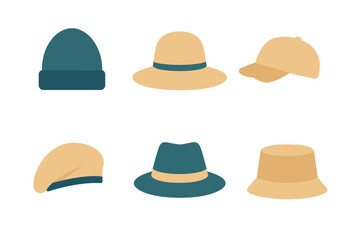 Fashionable headwear styles including winter beanie, sun hat, baseball cap, beret, fedora, and bucket hat assortment