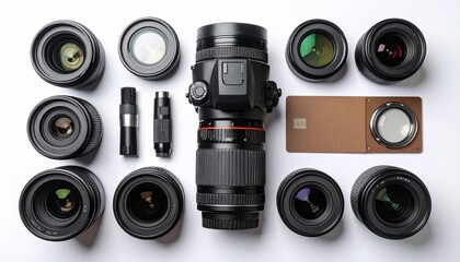 Collection of Camera Lenses and Equipment arranged on a White Background for Photography