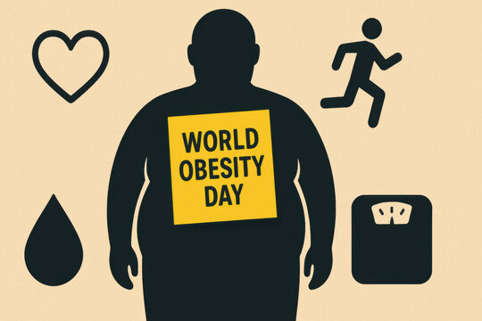 Silhouette of overweight body with sticky note World Obesity Day surrounded by icons for heart, running, water drop, and weight scale, promoting healthcare awareness and healthy lifestyle