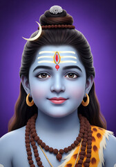 Bal Shiva with Crescent Moon and Rudraksha Beads on Purple Background, Bluish Ash Skin, Tripundra Tilak, Red Bindu, Calm Expression, Even Soft Lighting