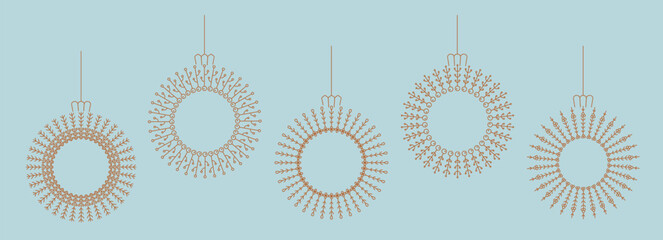 Scandinavian otanical line Merry Christmas, Happy New Year bauble, ball elements for greeting card, banner, poster, invitation, cover. Thin line round vector toys with fir branc, berry