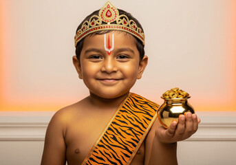 Bal Kubera child depiction holding gold pot, young boy dressed in tiger stripe sash with jeweled crown and forehead marking, smiling before cream background with orange rim lighting
