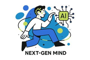 AI-Enhanced Human. Human evolution enhanced by AI. Character with glowing neural implants interacting with