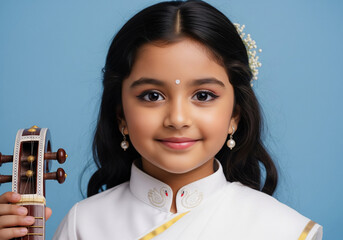 Bal Saraswati child portrait with veena, close up of young girl in white attire holding musical instrument, pearl earrings, swan embroidery on collar, blue background, soft even lighting