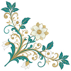 Decorative floral corner element with gold and teal accents.